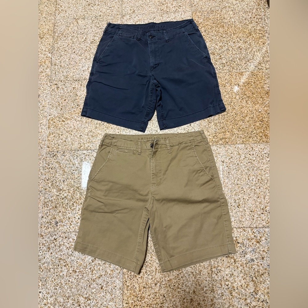 American Eagle Outfitters Blue and Tan Flat Front Shorts